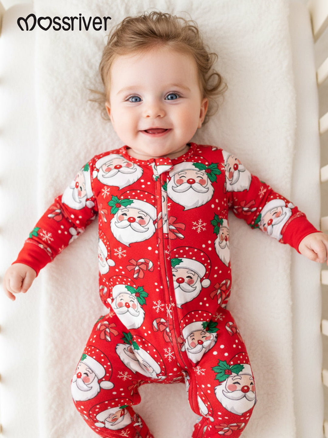 Bamboo Footies Mitten Long - Sleeve Baby Christmas One - Piece Double Zipper Santa Claus, candy cane, snowflake Print - MOSSRIVER