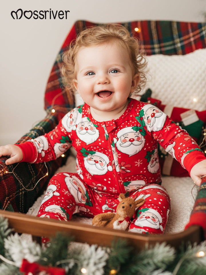 Bamboo Footies Mitten Long - Sleeve Baby Christmas One - Piece Double Zipper Santa Claus, candy cane, snowflake Print - MOSSRIVER