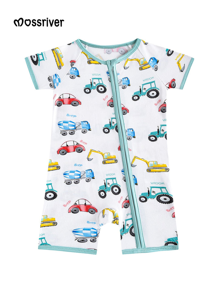 Bamboo Short - Sleeve Baby One - Piece Watercolor Vehicles - MOSSRIVER