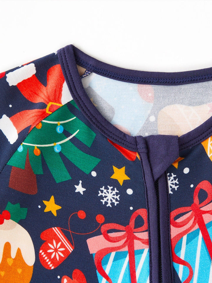 Christmas Bamboo Long - Sleeve Baby One - Piece Convertible Footie Mitten Double - Zipper Christmas gifts Print - MOSSRIVER