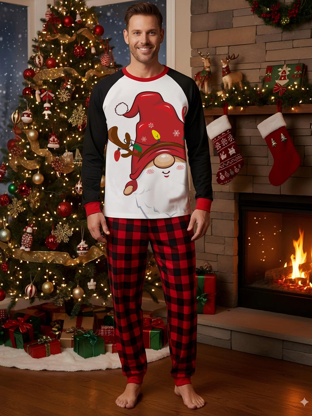 Christmas Elf Print Long - Sleeve Men's Pajama Set - MOSSRIVER