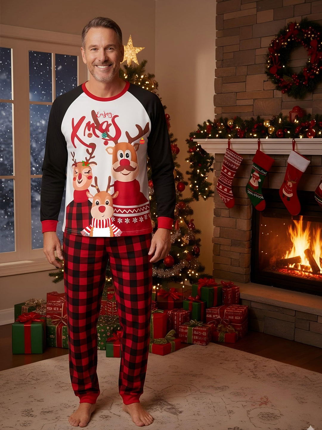 Reindeer Print Long - Sleeve Men's Christmas Pajama Set - MOSSRIVER