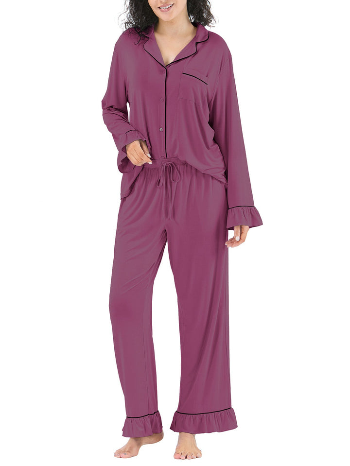Women Bamboo Viscose Pajama Sets Ruffled Cuff Hem Long Sleeve Fancy Yarn 2 Piece Loungewear Loose Fit Drop Shoulder - MOSSRIVER