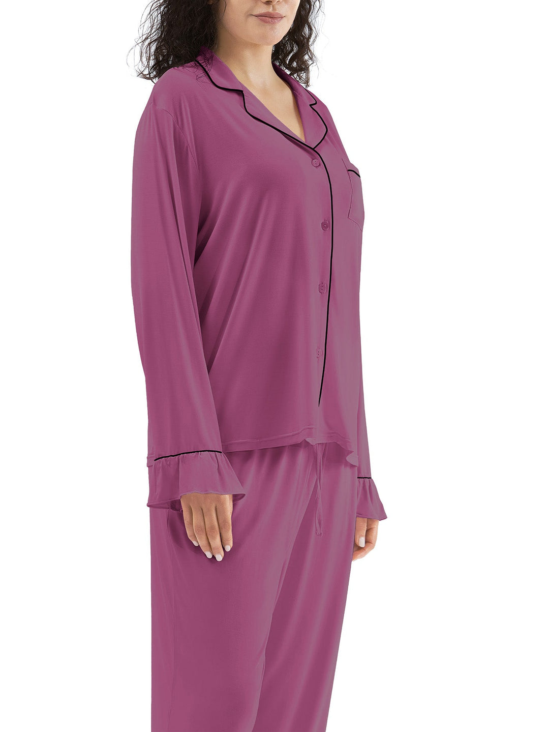 Women Bamboo Viscose Pajama Sets Ruffled Cuff Hem Long Sleeve Fancy Yarn 2 Piece Loungewear Loose Fit Drop Shoulder - MOSSRIVER