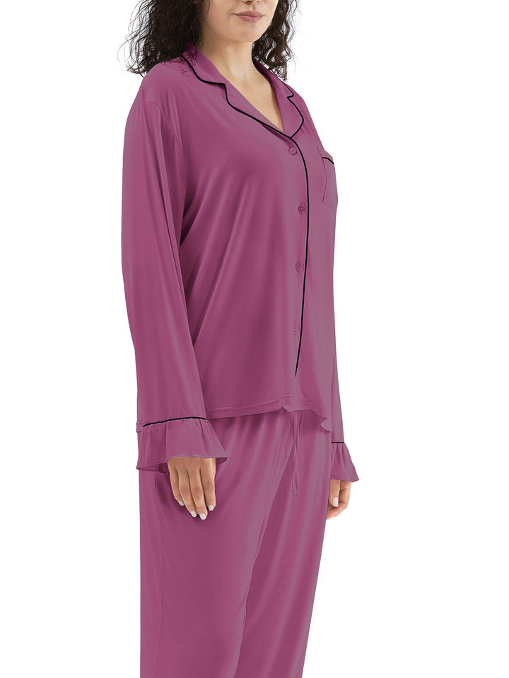 Women Bamboo Viscose Pajama Sets Ruffled Cuff Hem Long Sleeve Fancy Yarn 2 Piece Loungewear Loose Fit Drop Shoulder - MOSSRIVER