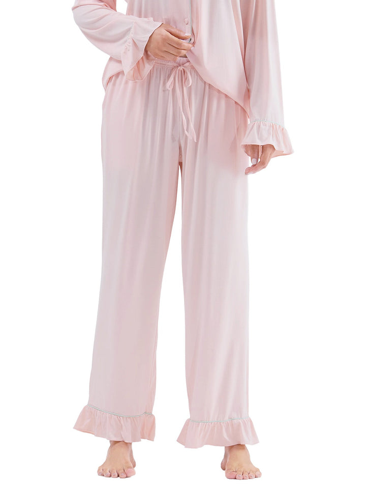 Women Bamboo Viscose Pajama Sets Ruffled Cuff Hem Long Sleeve Fancy Yarn 2 Piece Loungewear Loose Fit Drop Shoulder - MOSSRIVER