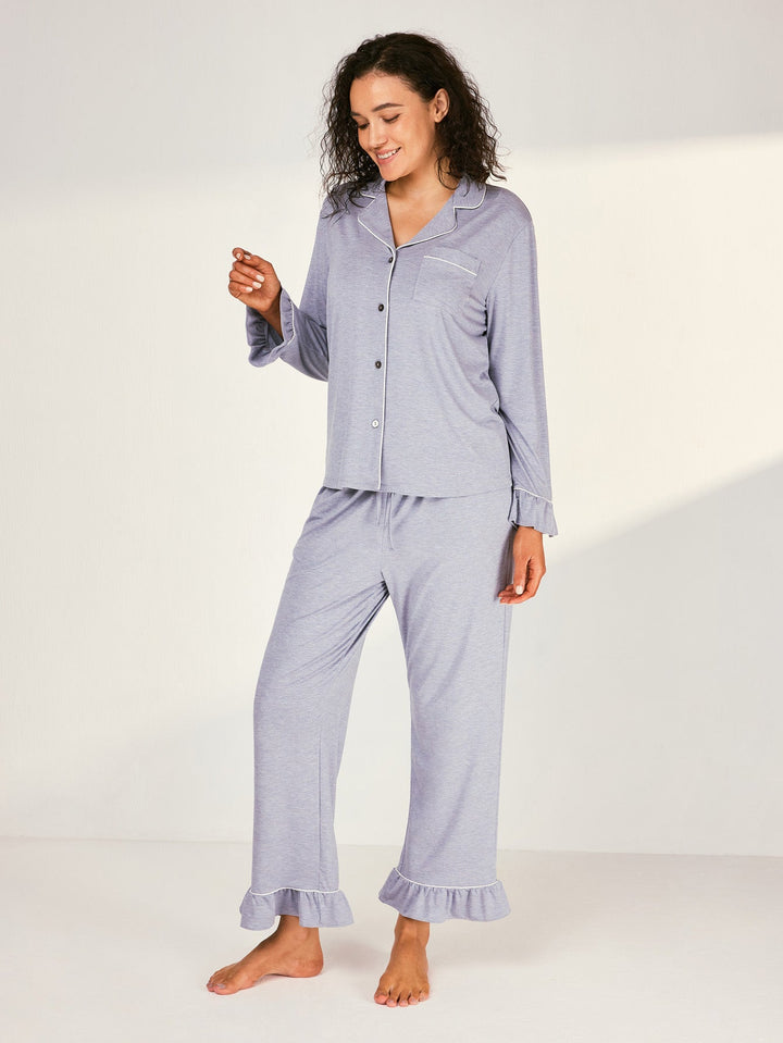 Women Bamboo Viscose Pajama Sets Ruffled Cuff Hem Long Sleeve Fancy Yarn 2 Piece Loungewear Loose Fit Drop Shoulder - MOSSRIVER
