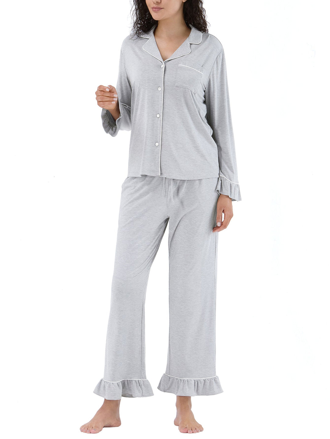 Women Bamboo Viscose Pajama Sets Ruffled Cuff Hem Long Sleeve Fancy Yarn 2 Piece Loungewear Loose Fit Drop Shoulder - MOSSRIVER