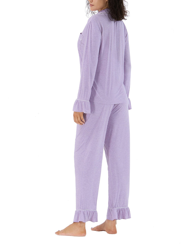 Women Bamboo Viscose Pajama Sets Ruffled Cuff Hem Long Sleeve Fancy Yarn 2 Piece Loungewear Loose Fit Drop Shoulder - MOSSRIVER