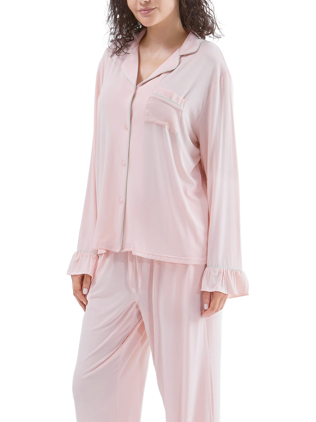 Women Bamboo Viscose Pajama Sets Ruffled Cuff Hem Long Sleeve Fancy Yarn 2 Piece Loungewear Loose Fit Drop Shoulder - MOSSRIVER