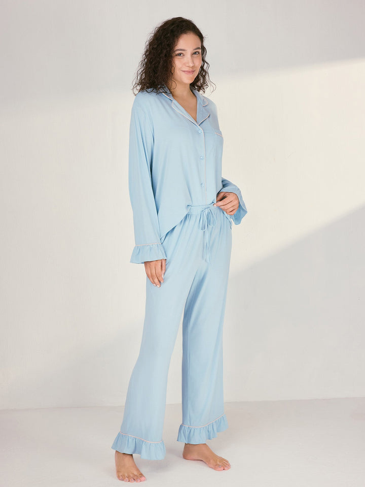 Women Bamboo Viscose Pajama Sets Ruffled Cuff Hem Long Sleeve Fancy Yarn 2 Piece Loungewear Loose Fit Drop Shoulder - MOSSRIVER