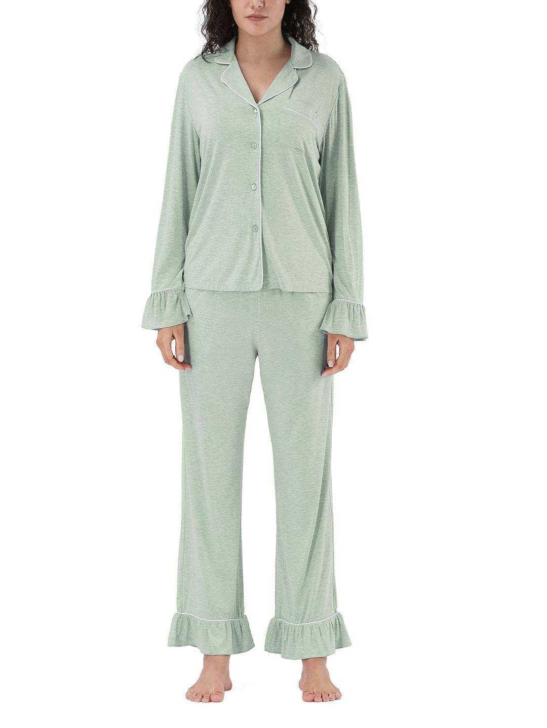 Women Bamboo Viscose Pajama Sets Ruffled Cuff Hem Long Sleeve Fancy Yarn 2 Piece Loungewear Loose Fit Drop Shoulder - MOSSRIVER