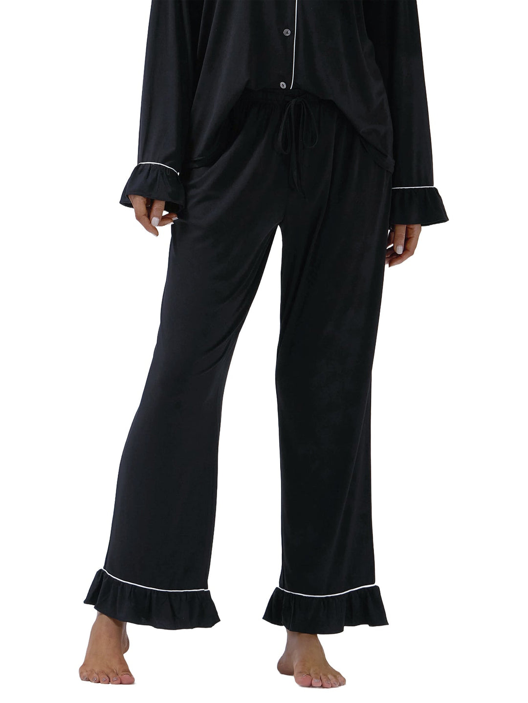 Women Bamboo Viscose Pajama Sets Ruffled Cuff Hem Long Sleeve Fancy Yarn 2 Piece Loungewear Loose Fit Drop Shoulder - MOSSRIVER