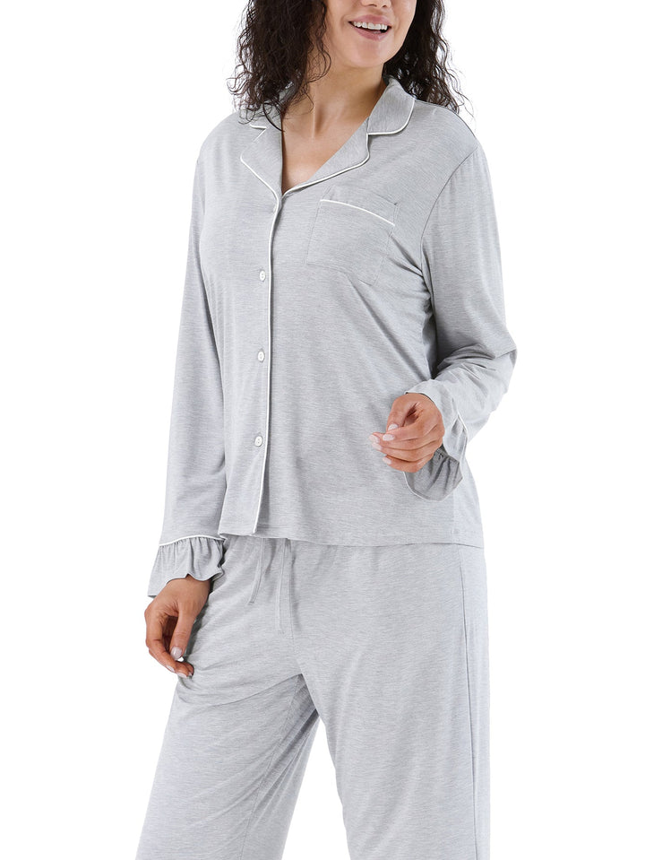 Women Bamboo Viscose Pajama Sets Ruffled Cuff Hem Long Sleeve Fancy Yarn 2 Piece Loungewear Loose Fit Drop Shoulder - MOSSRIVER
