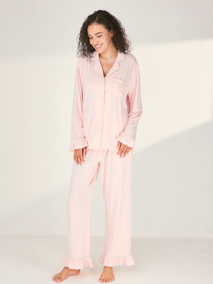 Women Bamboo Viscose Pajama Sets Ruffled Cuff Hem Long Sleeve Fancy Yarn 2 Piece Loungewear Loose Fit Drop Shoulder - MOSSRIVER