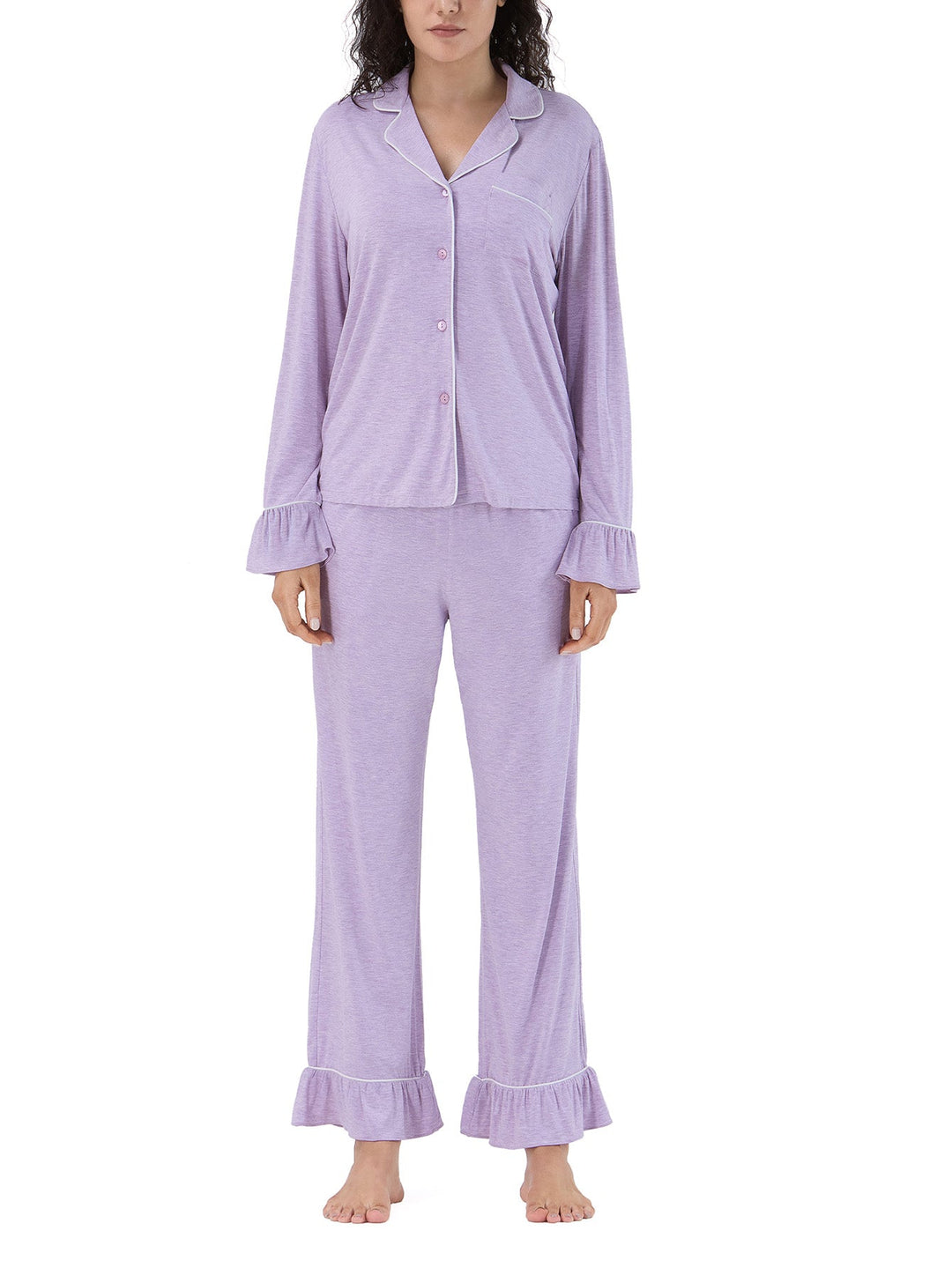 Women Bamboo Viscose Pajama Sets Ruffled Cuff Hem Long Sleeve Fancy Yarn 2 Piece Loungewear Loose Fit Drop Shoulder - MOSSRIVER