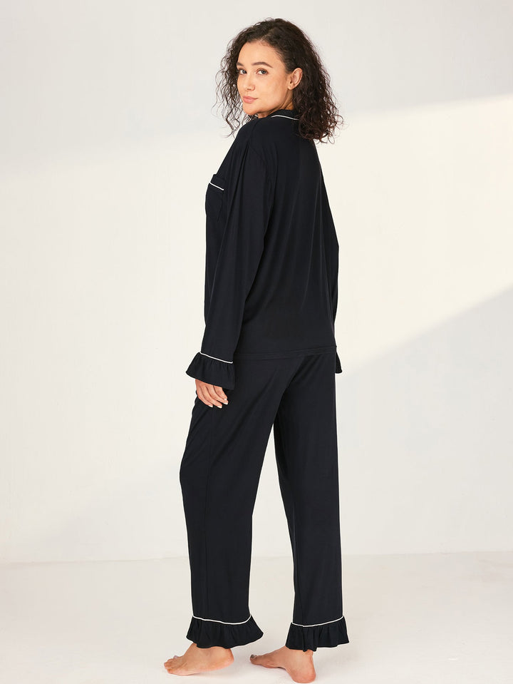Women Bamboo Viscose Pajama Sets Ruffled Cuff Hem Long Sleeve Fancy Yarn 2 Piece Loungewear Loose Fit Drop Shoulder - MOSSRIVER