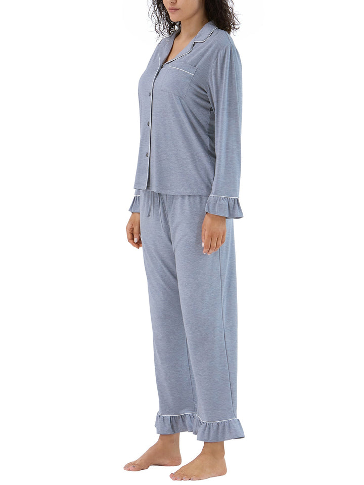 Women Bamboo Viscose Pajama Sets Ruffled Cuff Hem Long Sleeve Fancy Yarn 2 Piece Loungewear Loose Fit Drop Shoulder - MOSSRIVER