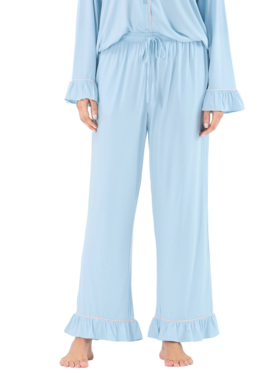 Women Bamboo Viscose Pajama Sets Ruffled Cuff Hem Long Sleeve Fancy Yarn 2 Piece Loungewear Loose Fit Drop Shoulder - MOSSRIVER