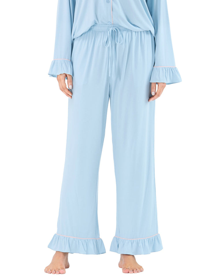 Women Bamboo Viscose Pajama Sets Ruffled Cuff Hem Long Sleeve Fancy Yarn 2 Piece Loungewear Loose Fit Drop Shoulder - MOSSRIVER