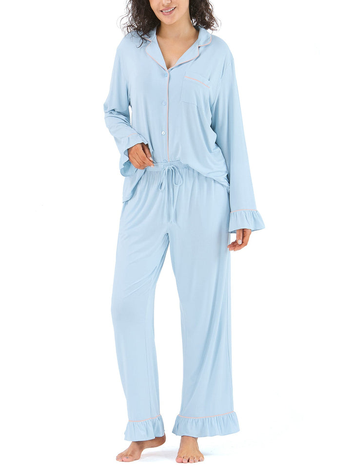 Women Bamboo Viscose Pajama Sets Ruffled Cuff Hem Long Sleeve Fancy Yarn 2 Piece Loungewear Loose Fit Drop Shoulder - MOSSRIVER