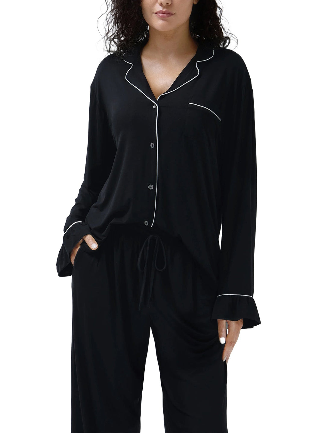 Women Bamboo Viscose Pajama Sets Ruffled Cuff Hem Long Sleeve Fancy Yarn 2 Piece Loungewear Loose Fit Drop Shoulder - MOSSRIVER