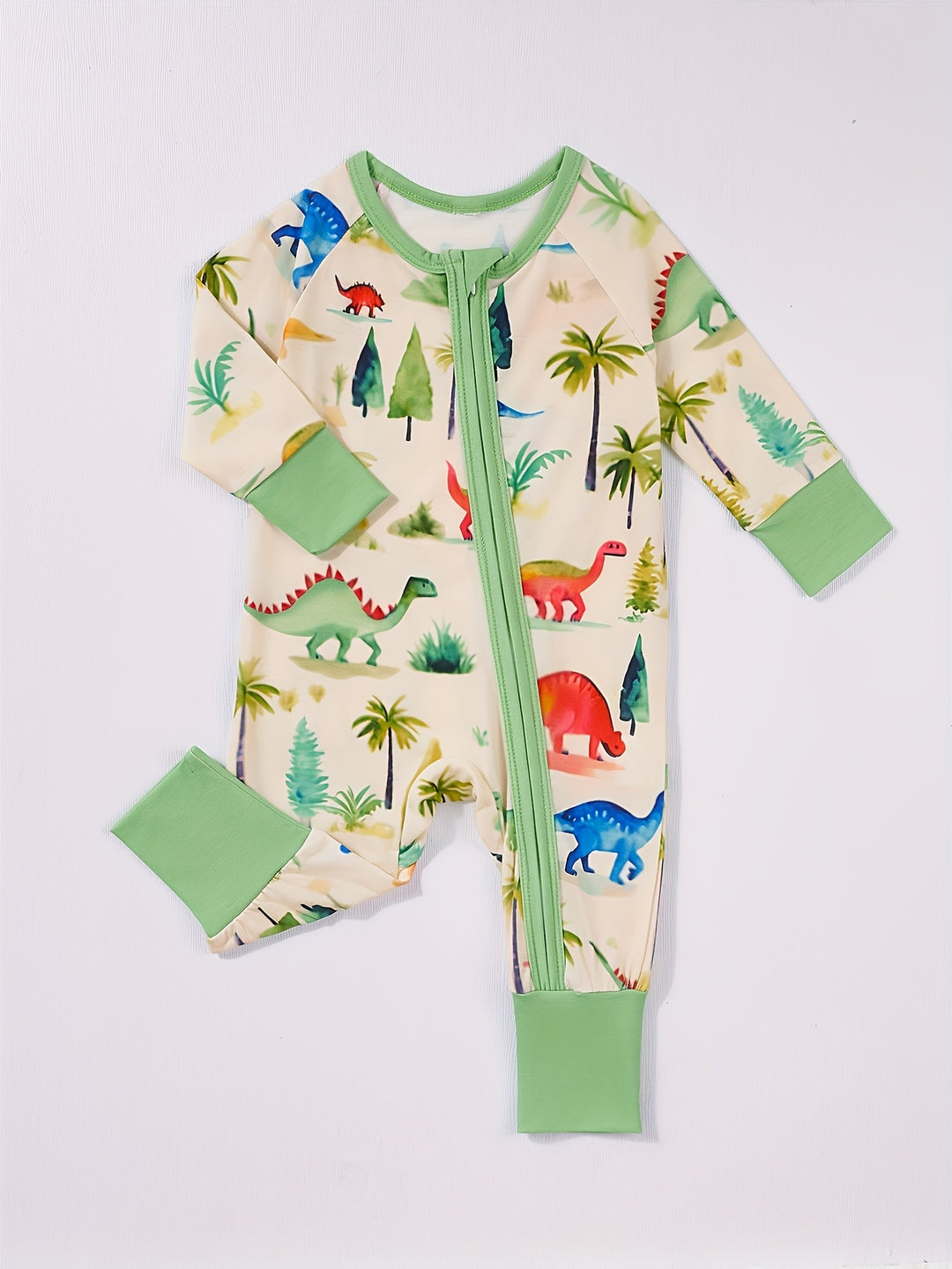 Long-Sleeve Footies One-Piece Cartoon Dinosaur Primitive Forest Print