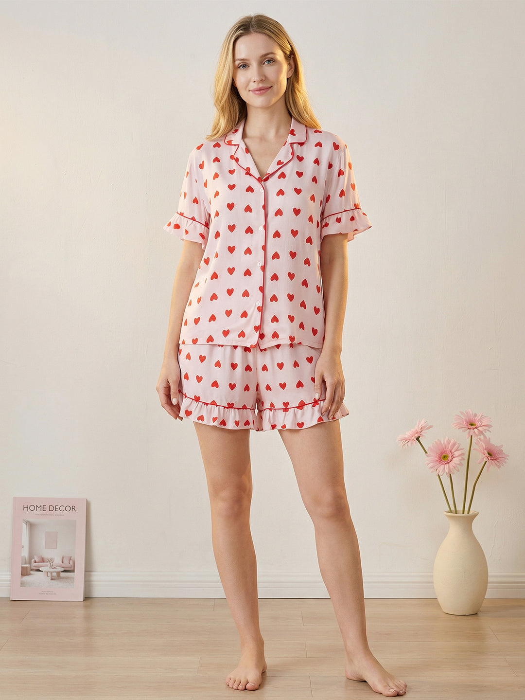 Heart Print Short-Sleeve Women's Pajama Set