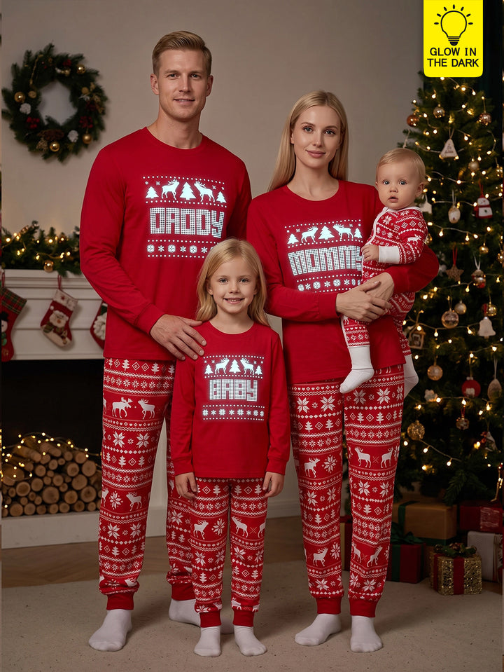 Christmas Family Matching Pajamas | Glow in The Dark Reindeer Print Long Sleeve Set