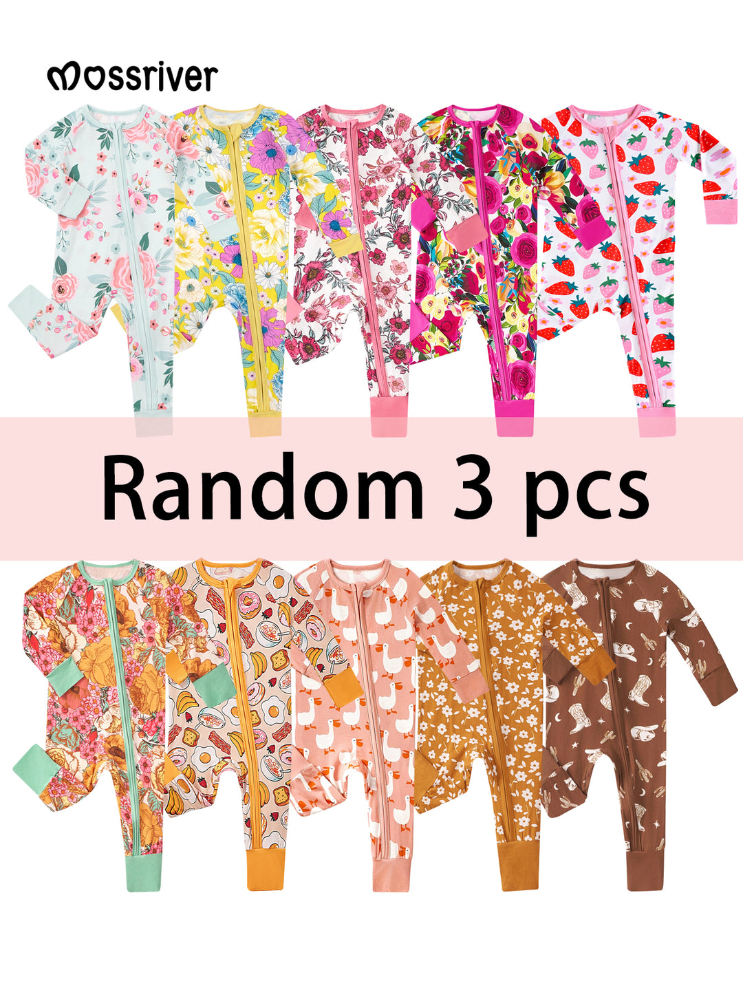 Slim Fit Long-Sleeve Zip Baby One-Piece Blind Box Set of 3 - Girls