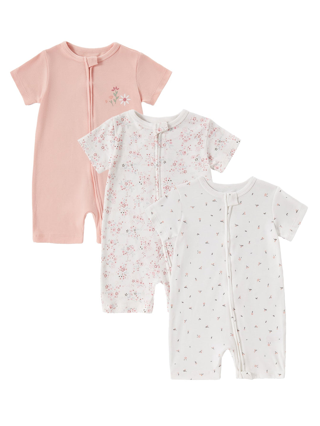 3 - Pack Floral Print Baby Short Sleeve Rompers - MOSSRIVER