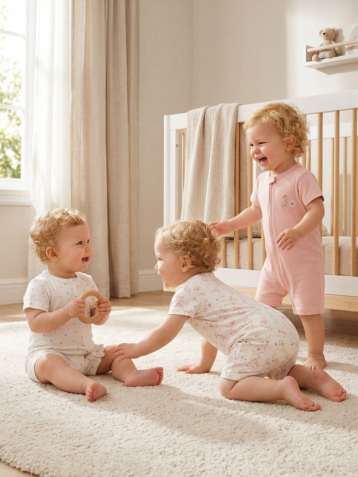 3 - Pack Floral Print Baby Short Sleeve Rompers - MOSSRIVER