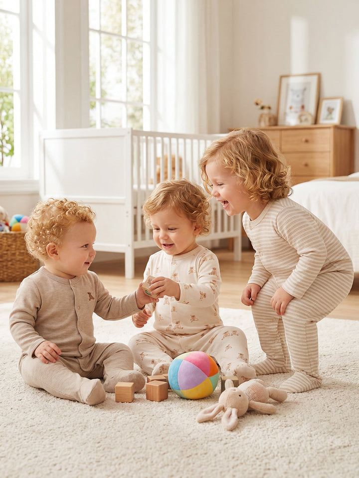 3 - Pack Neutral Bear Print Baby Footed Onesies - MOSSRIVER