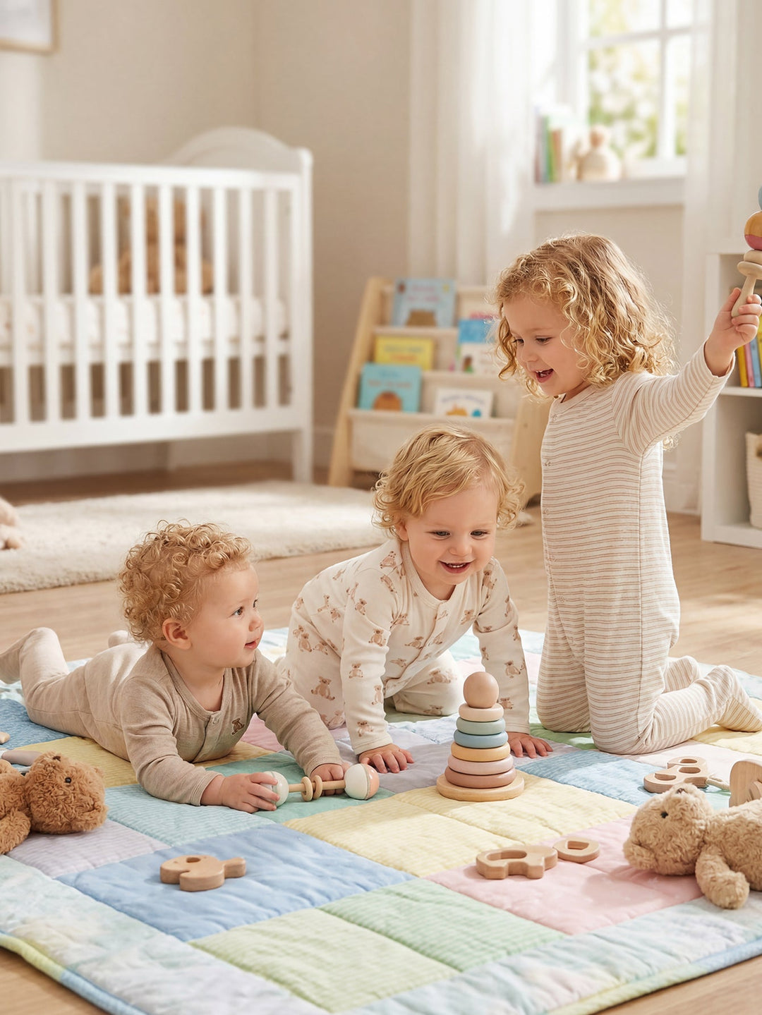 3 - Pack Neutral Bear Print Baby Footed Onesies - MOSSRIVER