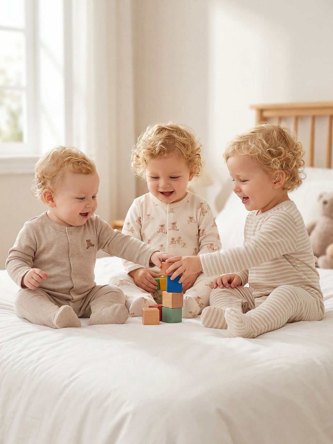 3 - Pack Neutral Bear Print Baby Footed Onesies - MOSSRIVER