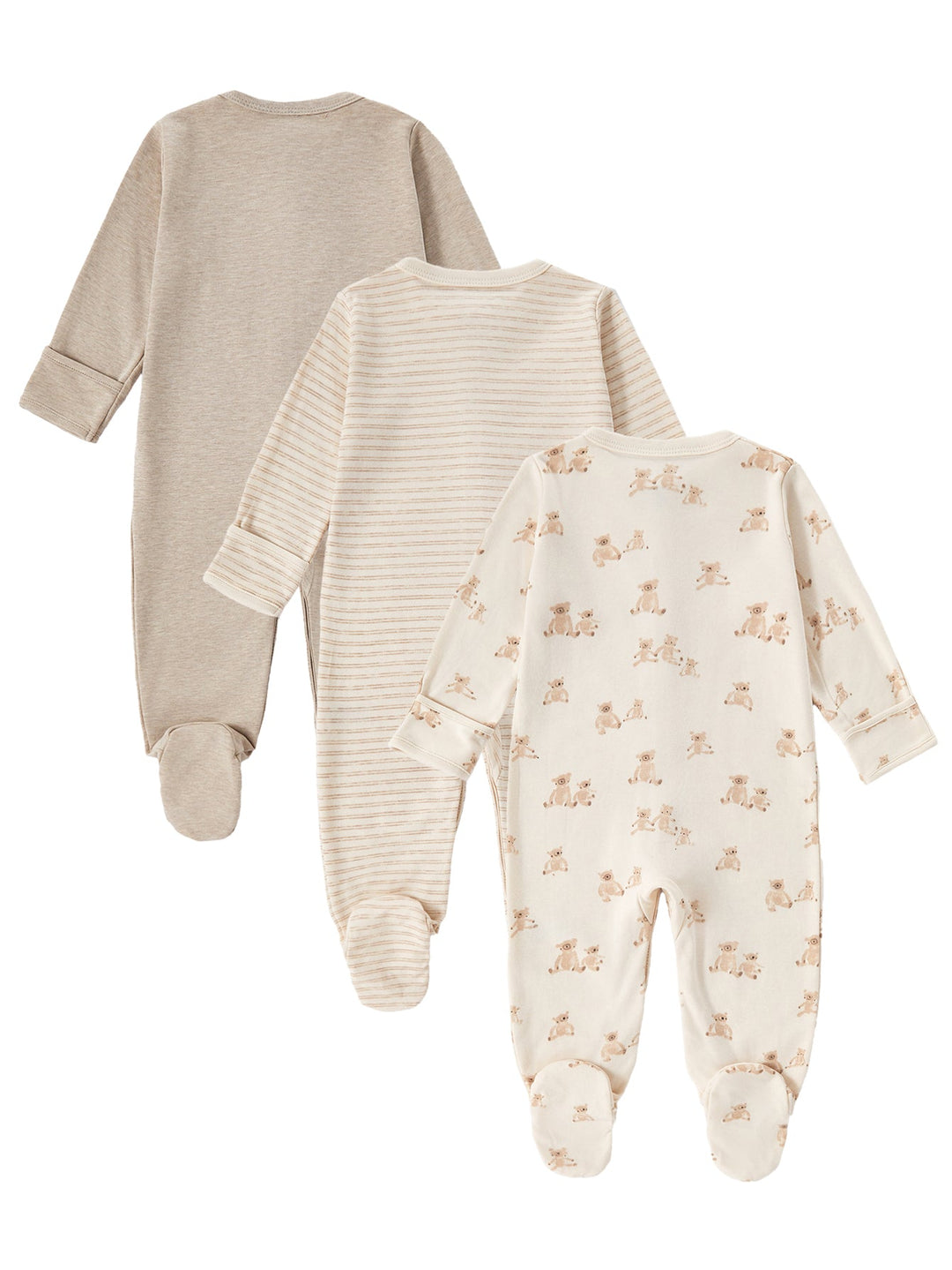 3 - Pack Neutral Bear Print Baby Footed Onesies - MOSSRIVER
