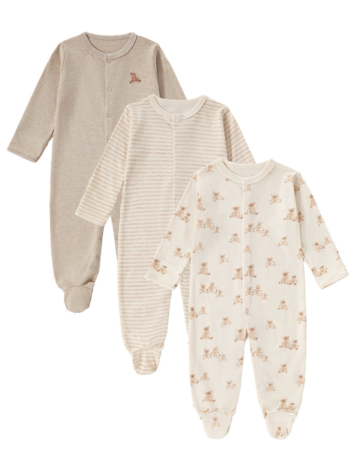 3 - Pack Neutral Bear Print Baby Footed Onesies - MOSSRIVER