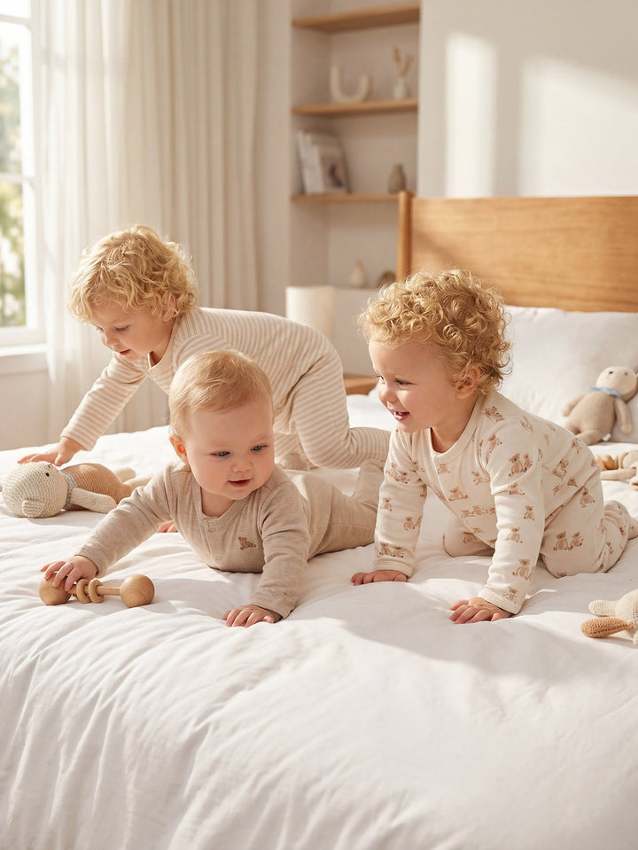 3 - Pack Neutral Bear Print Baby Footed Onesies - MOSSRIVER