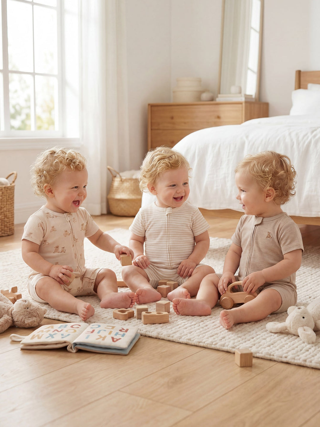 3 - Pack Neutral Bear Print Baby Short Rompers - MOSSRIVER