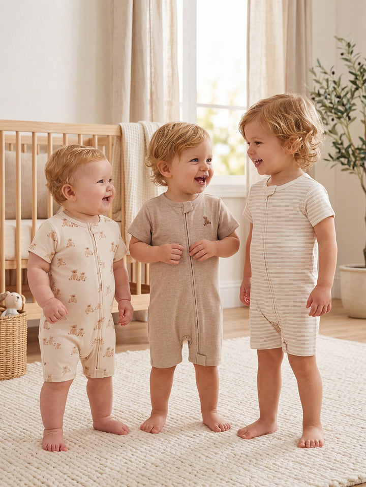 3 - Pack Neutral Bear Print Baby Short Rompers - MOSSRIVER