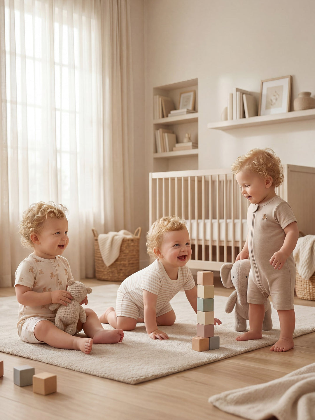 3 - Pack Neutral Bear Print Baby Short Rompers - MOSSRIVER