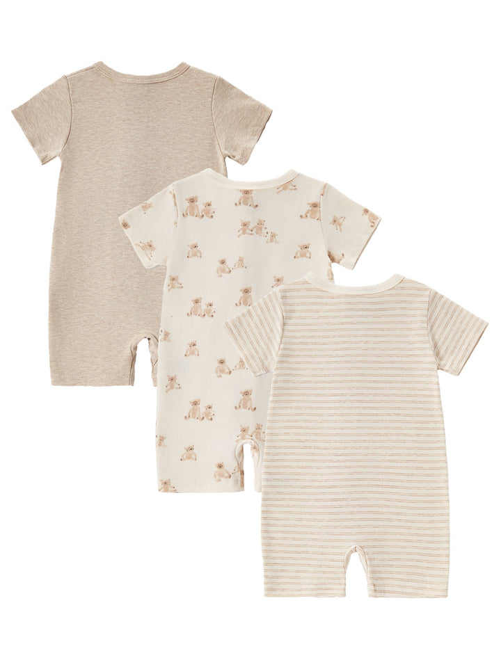 3 - Pack Neutral Bear Print Baby Short Rompers - MOSSRIVER