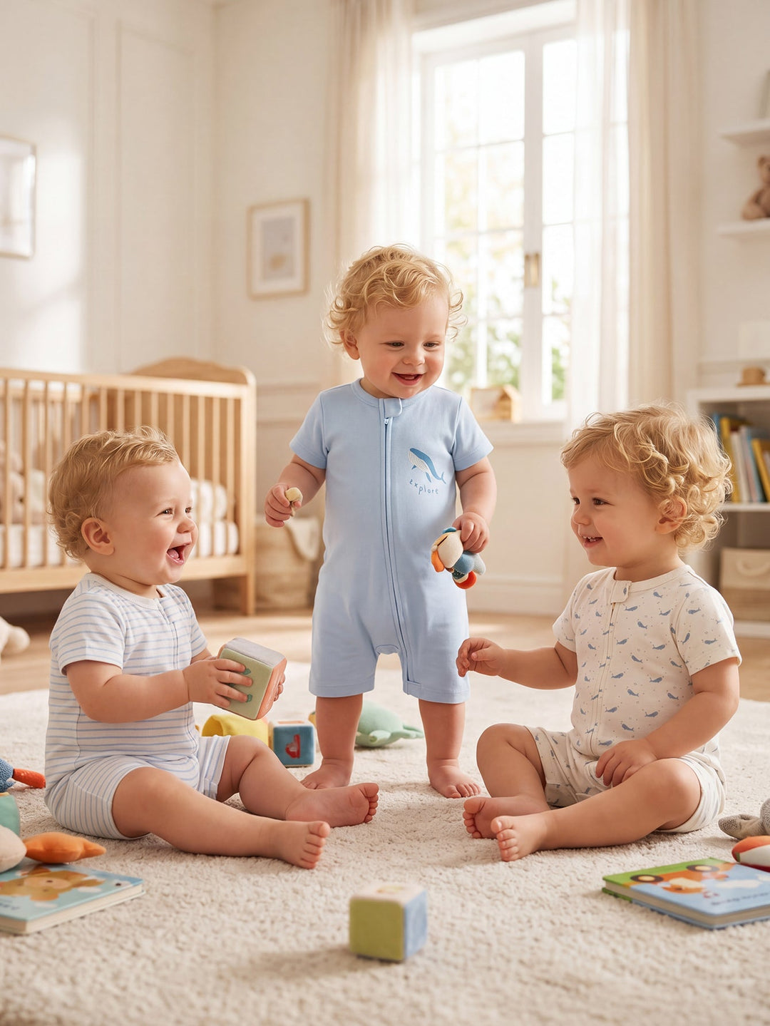 3 - Pack Whale Print Baby Short Sleeve Rompers - MOSSRIVER