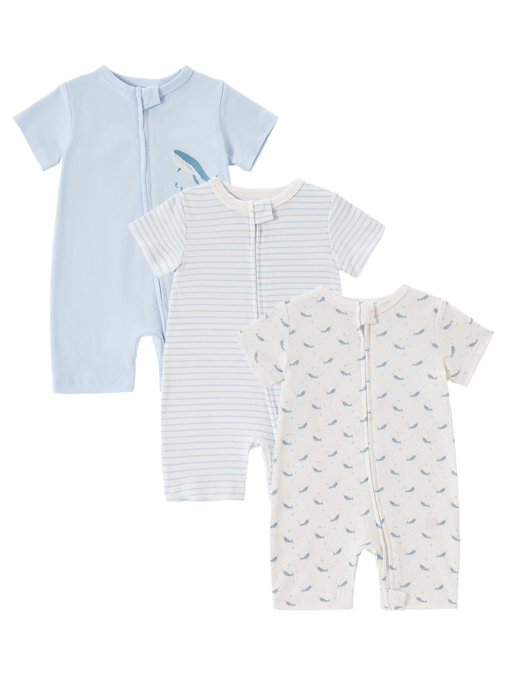 3 - Pack Whale Print Baby Short Sleeve Rompers - MOSSRIVER