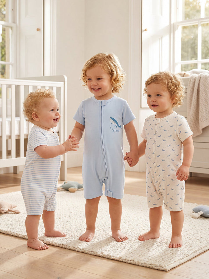 3 - Pack Whale Print Baby Short Sleeve Rompers - MOSSRIVER