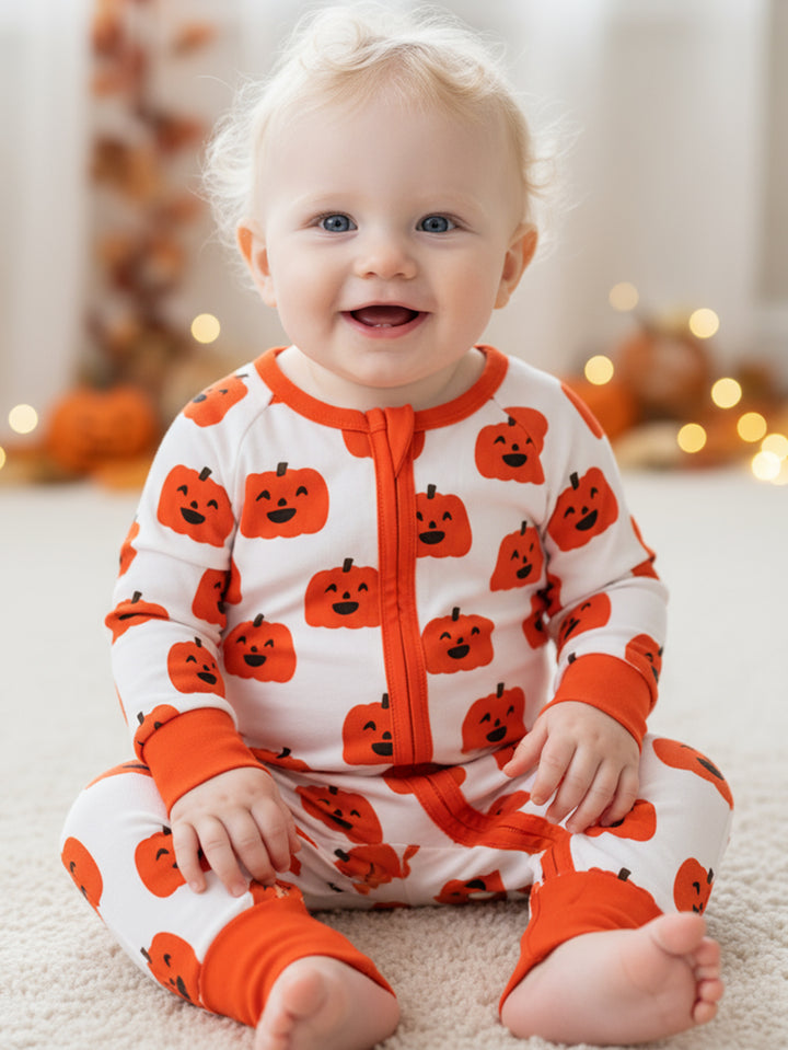 Pumpkin Print Long-Sleeve Baby Footed One-Piece Zipper