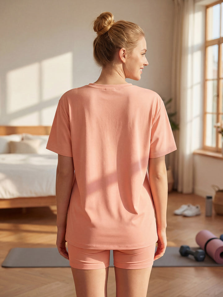 Women's Blush Pink Polyester Loungewear Set - Oversized Top & Shorts