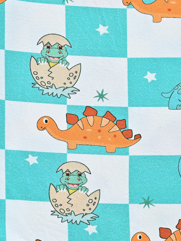 Bamboo Short-Sleeve Baby One-Piece Checkered Dinosaurs Print