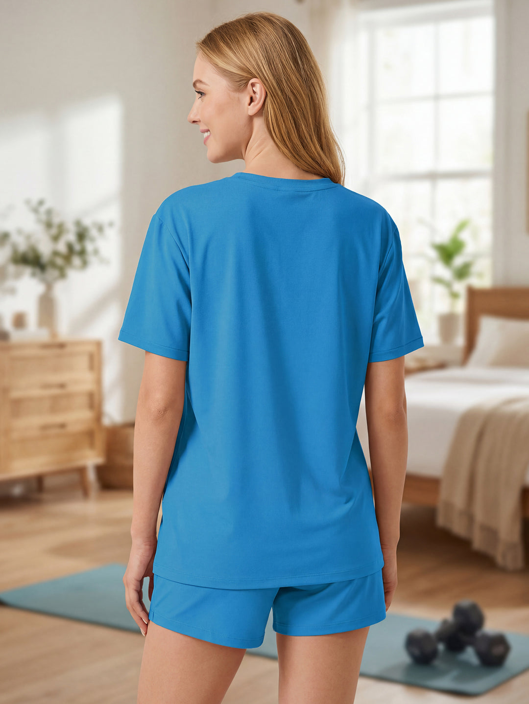 Women's Bright Blue Polyester Loungewear Set - Oversized Short Sleeve Top & Shorts Two-Piece