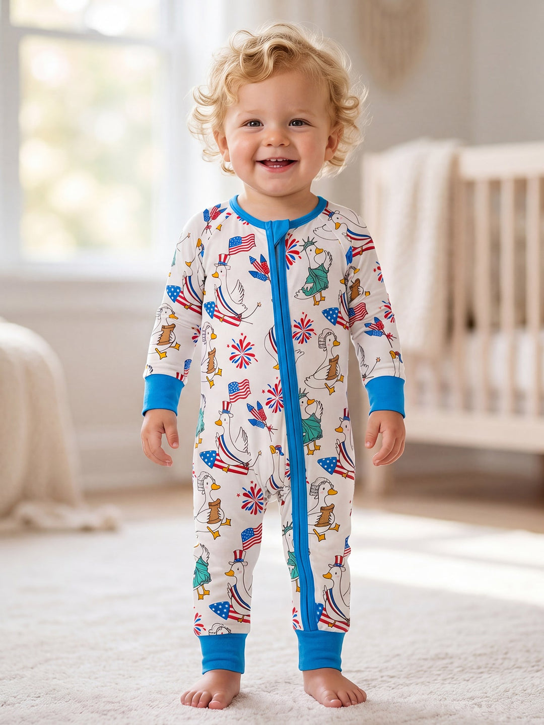 4th of July Patriotic Duck Baby Zip Footed Pajamas | Toddler Long Sleeve Romper - MOSSRIVER